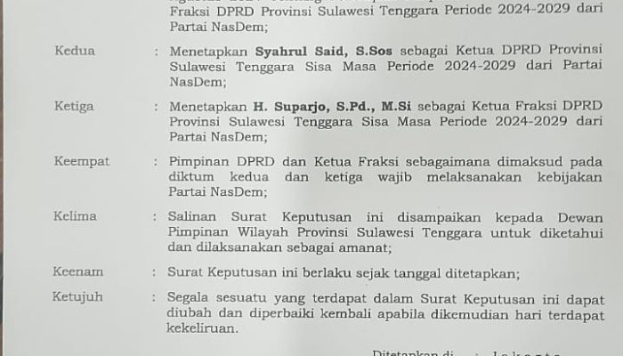 DPP Partai NasDem Tetapkan Syahrul Said sebagai Ketua DPRD Sulawesi Tenggara Sisa Masa Jabatan 2024–2029
