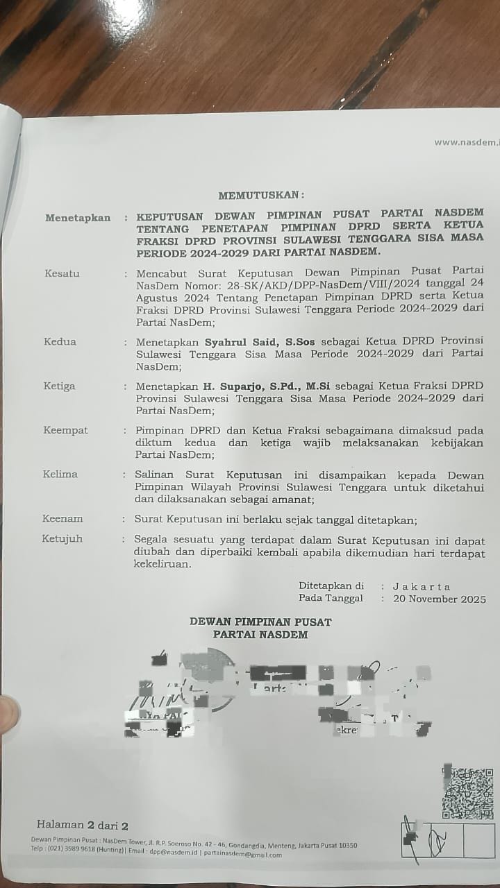 DPP Partai NasDem Tetapkan Syahrul Said sebagai Ketua DPRD Sulawesi Tenggara Sisa Masa Jabatan 2024–2029