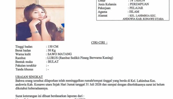 Anak Perempuan 14 Tahun di Konawe Utara Dilaporkan Hilang